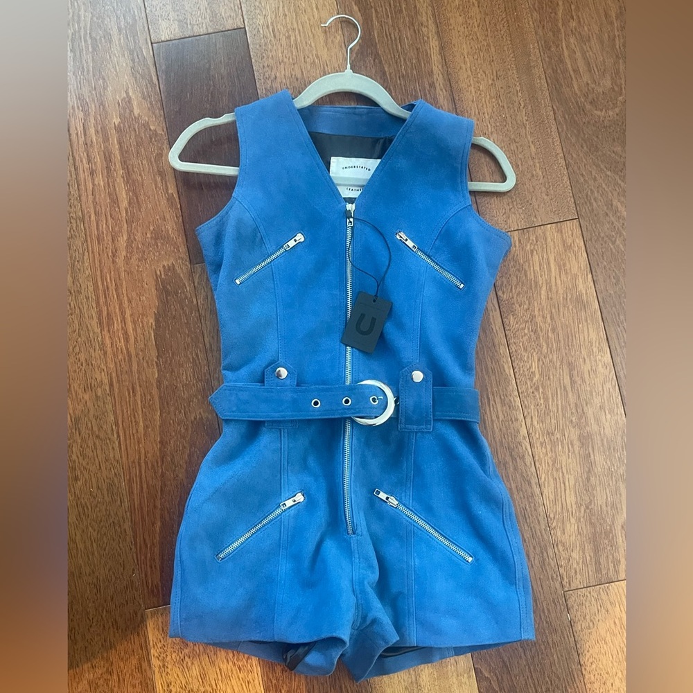 Understated leather goat suede moto romper in blue